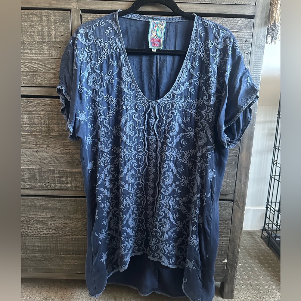 Johnny Was dark blue silk embroidered top
